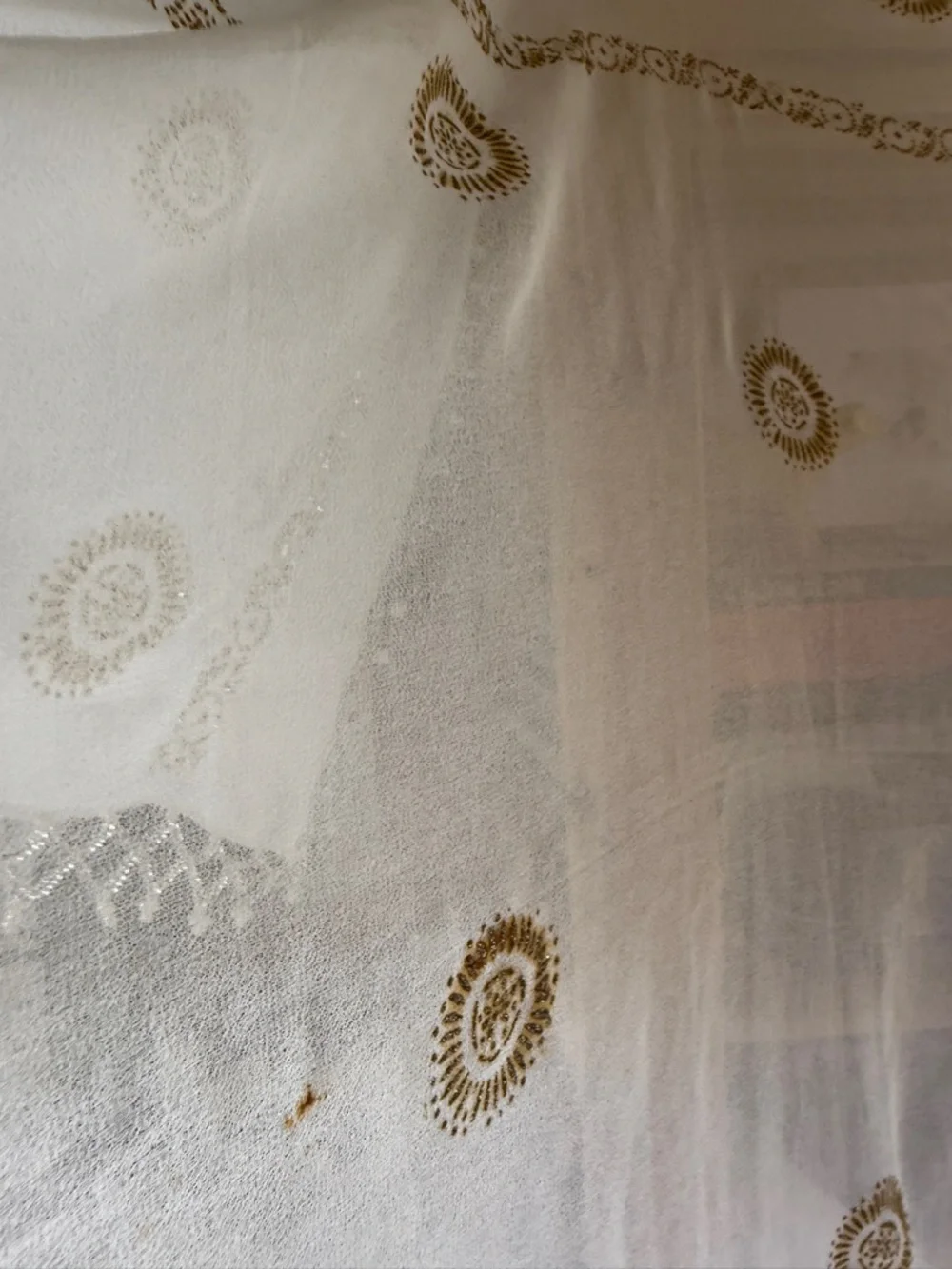 Sheer Embroidered Sunburst Panel white beaded 40x72” vintage India decor
